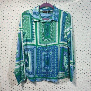 Sara Studio Blue & Green Paisley Print Long Sleeve Button Up Shirt